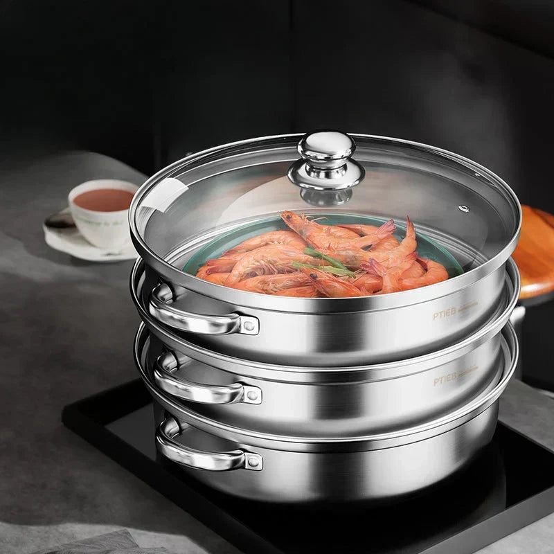 BowLift | Stainless Steel 3-Tier Steamer with Handles & Glass Lid – Healthy, Efficient Cooking