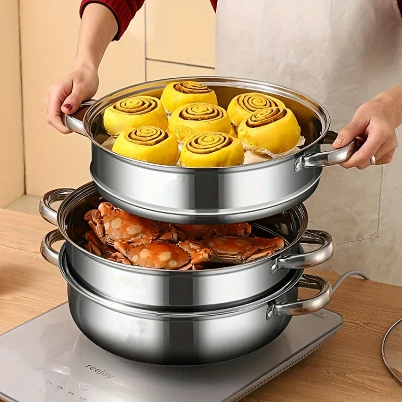 BowLift | Stainless Steel 3-Tier Steamer with Handles & Glass Lid – Healthy, Efficient Cooking