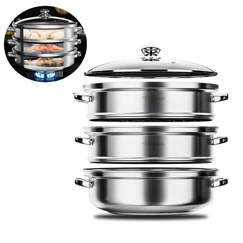 BowLift | Stainless Steel 3-Tier Steamer with Handles & Glass Lid – Healthy, Efficient Cooking
