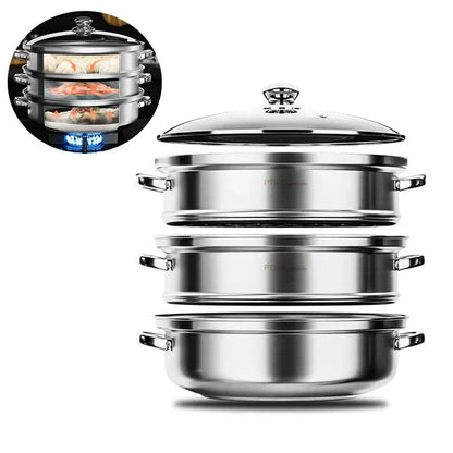 BowLift | Stainless Steel 3-Tier Steamer with Handles & Glass Lid – Healthy, Efficient Cooking