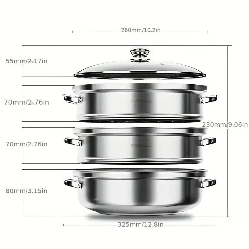 BowLift | Stainless Steel 3-Tier Steamer with Handles & Glass Lid – Healthy, Efficient Cooking