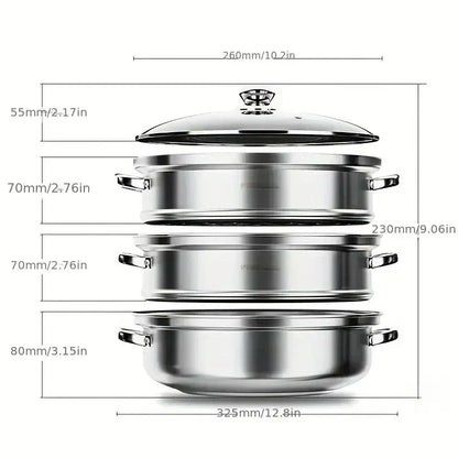 BowLift | Stainless Steel 3-Tier Steamer with Handles & Glass Lid – Healthy, Efficient Cooking