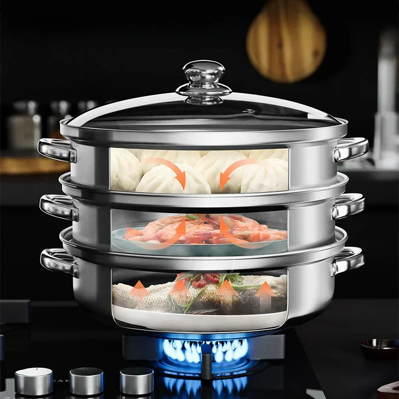 BowLift | Stainless Steel 3-Tier Steamer with Handles & Glass Lid – Healthy, Efficient Cooking