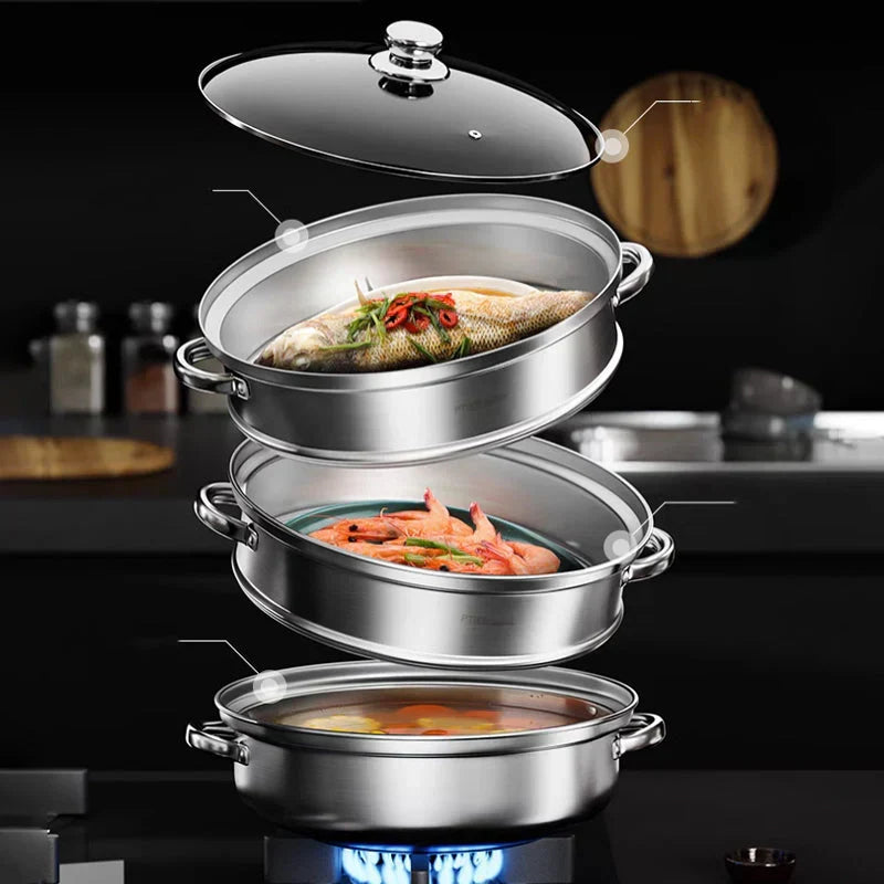 BowLift | Stainless Steel 3-Tier Steamer with Handles & Glass Lid – Healthy, Efficient Cooking