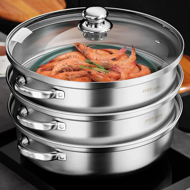 BowLift | Stainless Steel 3-Tier Steamer with Handles & Glass Lid – Healthy, Efficient Cooking
