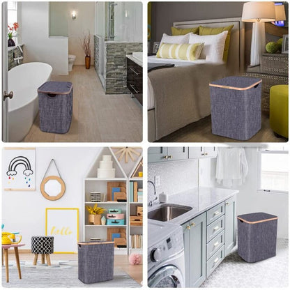 Skanto | Basket with Lid 60L, Laundry Basket with Bamboo Handle and Lid, Foldable