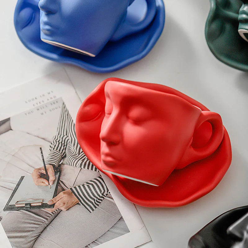 Metal Touching Face Creative Ceramic Kiss Coffee Cup, Artistic Vibe Mug & Saucer Set | Bowlift