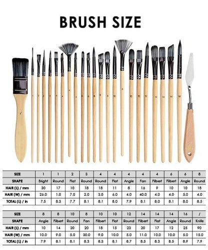 Skanto | Artist Brush Set | 24 Nylon Brushes with 7 Shapes & Palette Knife | Acrylic, Oil & Watercolor