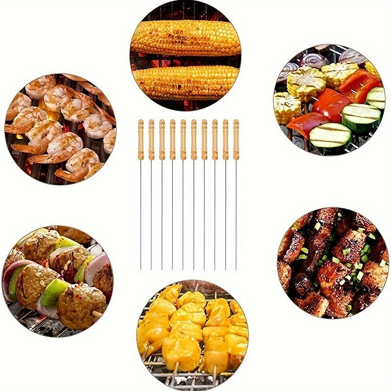 Skanto | 10 Pcs Premium Stainless Steel BBQ Skewers with Wooden Handles – Multifunctional, Durable Grilling Sticks for Outdoor Cooking – Perfect for Summer Parties & Family Gatherings