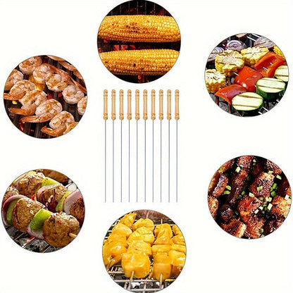 Skanto | 10 Pcs Premium Stainless Steel BBQ Skewers with Wooden Handles – Multifunctional, Durable Grilling Sticks for Outdoor Cooking – Perfect for Summer Parties & Family Gatherings