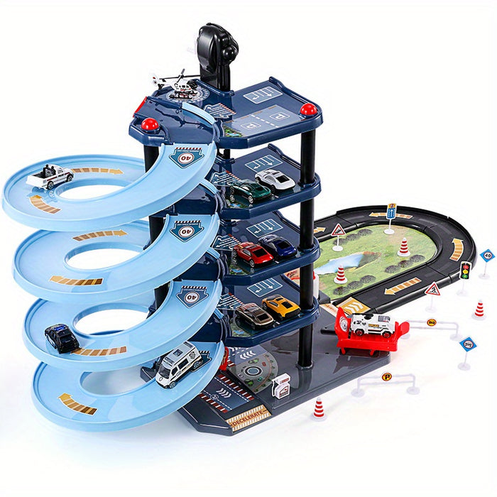 Skanto | FirePark Garage Playset – Multi-Level Fire Station with Fire Trucks and Traffic Signs for Adventurous Kids