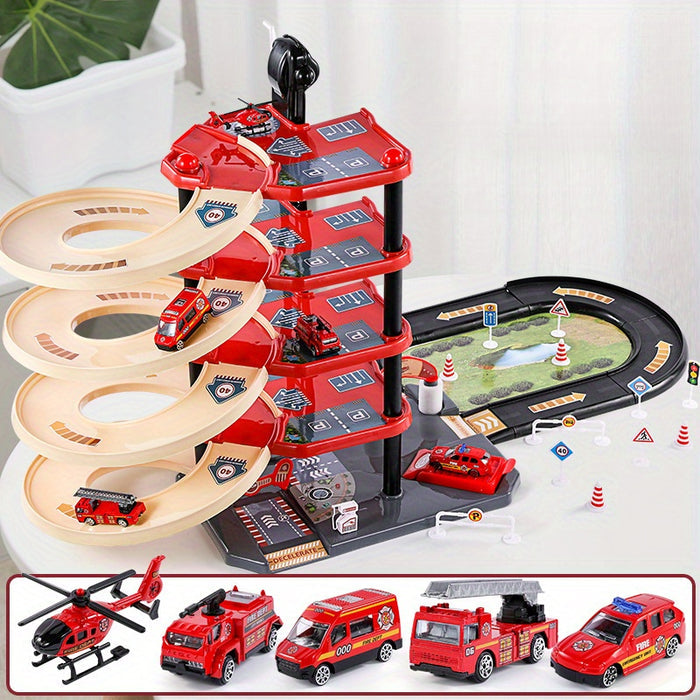 Skanto | FirePark Garage Playset – Multi-Level Fire Station with Fire Trucks and Traffic Signs for Adventurous Kids