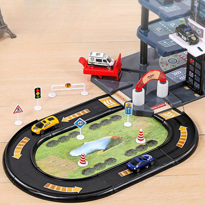 Skanto | FirePark Garage Playset – Multi-Level Fire Station with Fire Trucks and Traffic Signs for Adventurous Kids