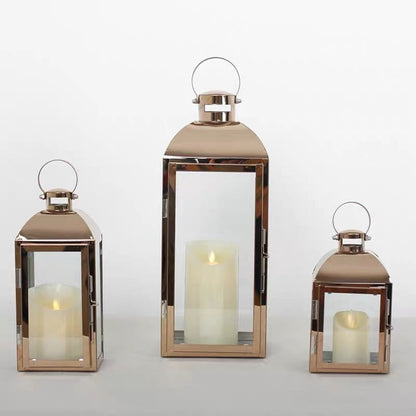 Glass-Paneled Metal Lantern Trio with Carry Rings Acalora