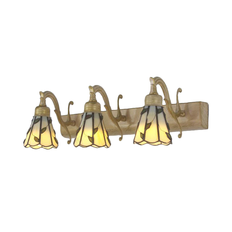 3 Heads Leaf Vanity Light Rustic Loft Stained Glass Makeup Mirror Light with Linear Backplate in Copper/Antique Brass/Gold | Kalsten