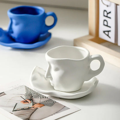 Metal Touching Face Creative Ceramic Kiss Coffee Cup, Artistic Vibe Mug & Saucer Set | Bowlift