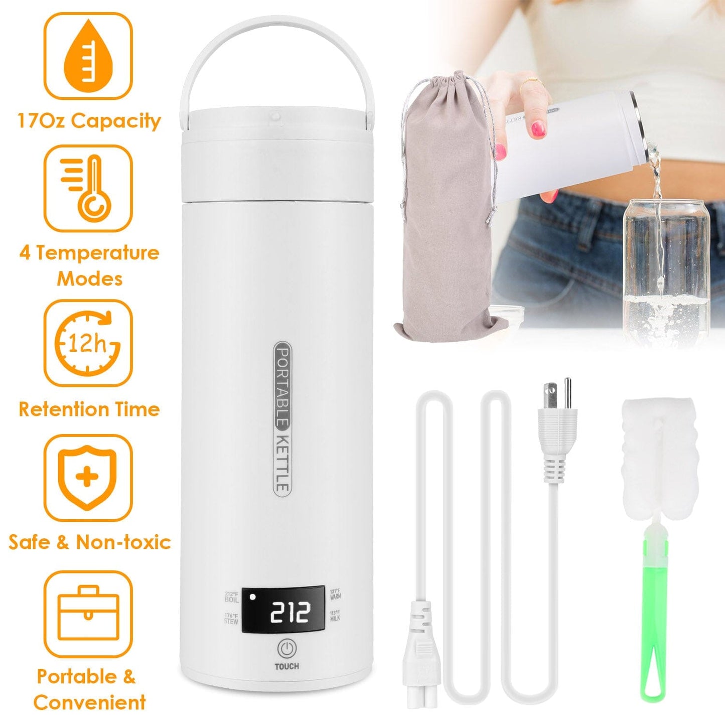 Skanto | 17Oz Stainless Steel Travel Electric Kettle with 4 Temperature Settings