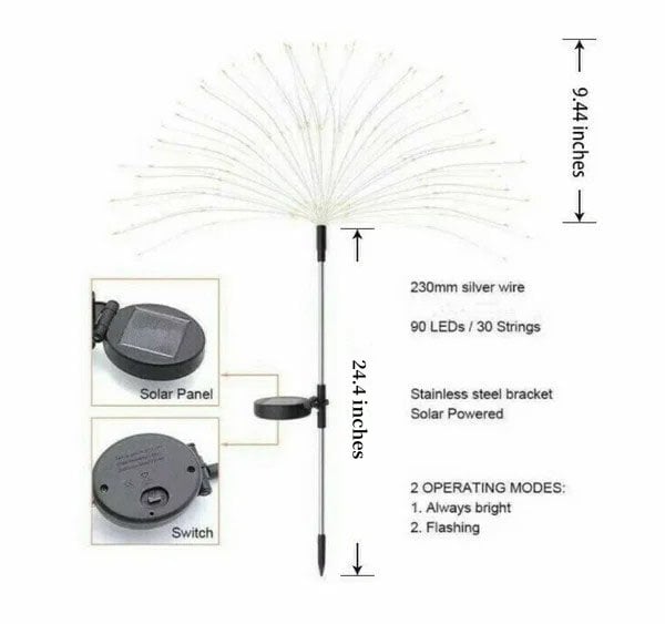 BowLift | Solar Firework String Lights | 90 LED | Waterproof IP65 | Garden & Outdoor Decoration | 95cm