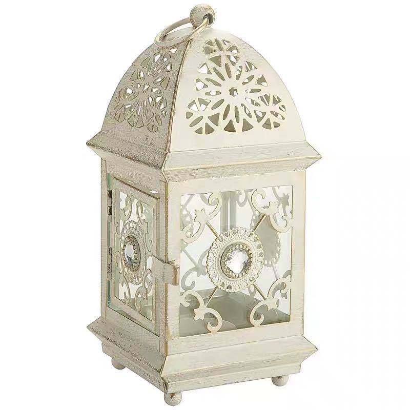 Antique-Style Decorative Metal Glass Candle Lantern with Filigree Cutouts and Hanging Ring Acalora