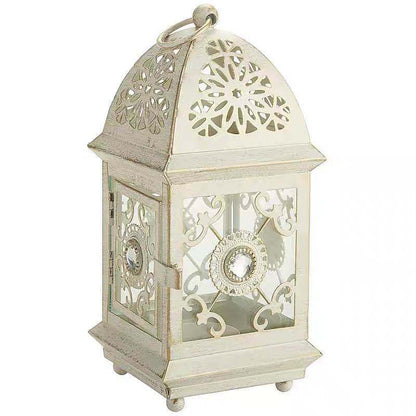 Antique-Style Decorative Metal Glass Candle Lantern with Filigree Cutouts and Hanging Ring Acalora
