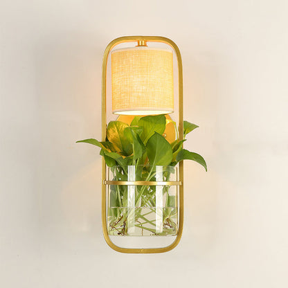 BowLift | 1 Bulb Cylindrical Wall Lamp Lodge Black/White/Gold Fabric Wall Light with Warm/White Light and Plant Pot
