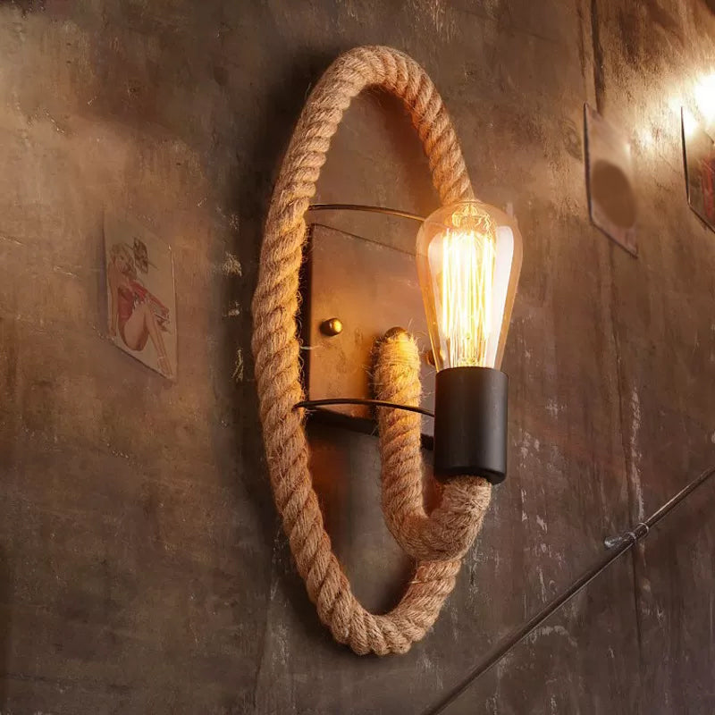 BowLift | Single rope wrapped wall light farmhouse brown oval/round dining room wall mounted light with open lamp design