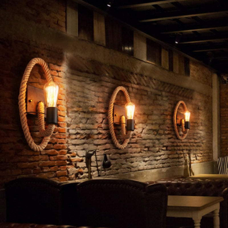 BowLift | Single rope wrapped wall light farmhouse brown oval/round dining room wall mounted light with open lamp design