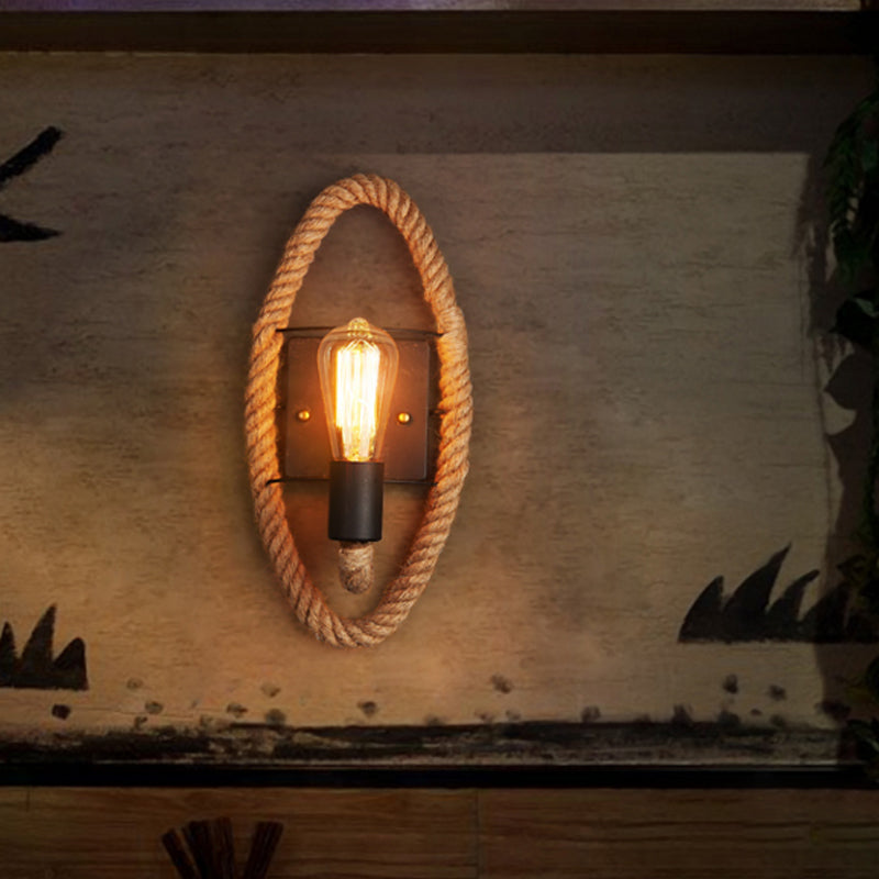 BowLift | Single rope wrapped wall light farmhouse brown oval/round dining room wall mounted light with open lamp design