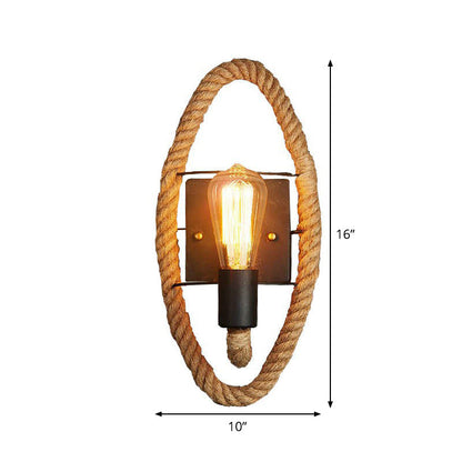 BowLift | Single rope wrapped wall light farmhouse brown oval/round dining room wall mounted light with open lamp design