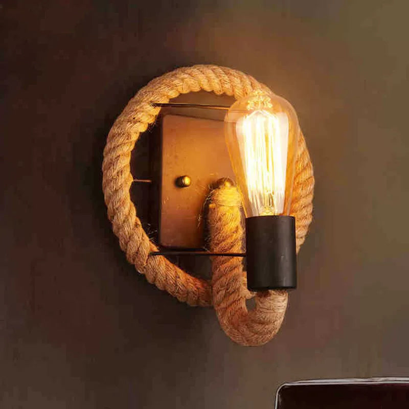 BowLift | Single rope wrapped wall light farmhouse brown oval/round dining room wall mounted light with open lamp design