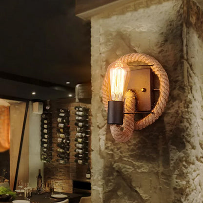 BowLift | Single rope wrapped wall light farmhouse brown oval/round dining room wall mounted light with open lamp design