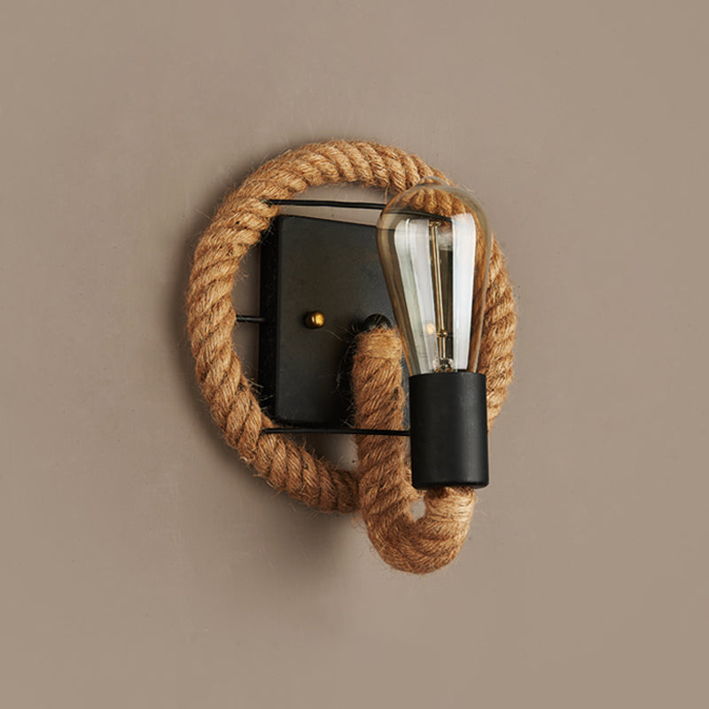 BowLift | Single rope wrapped wall light farmhouse brown oval/round dining room wall mounted light with open lamp design