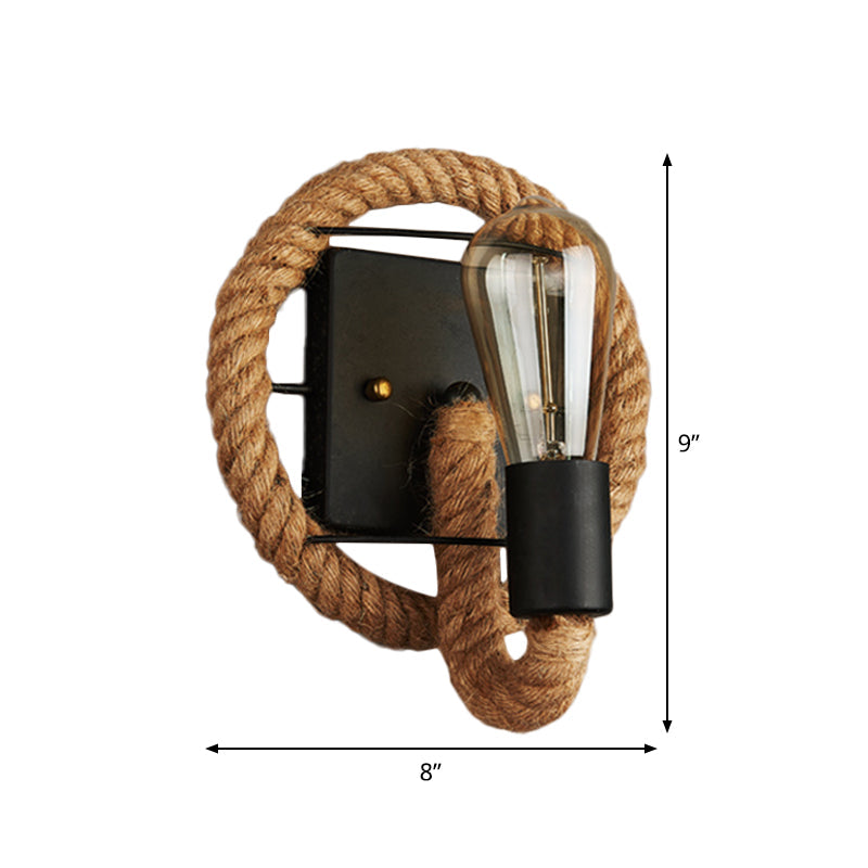 BowLift | Single rope wrapped wall light farmhouse brown oval/round dining room wall mounted light with open lamp design