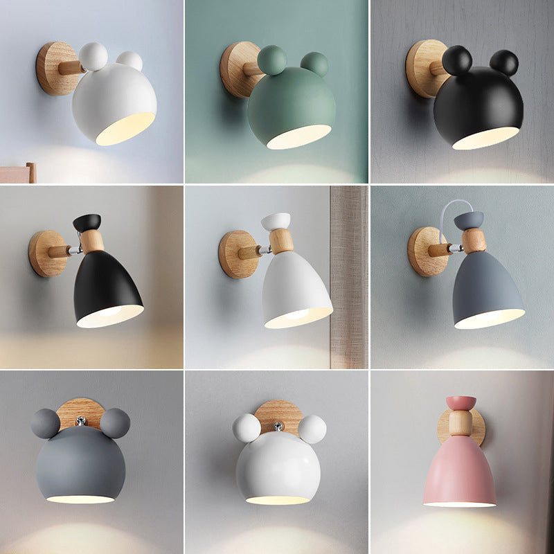 Bear/Bell Rotating Wall-Mounted Lamp, Macaron-Style Iron, Single-Head Bedside Reading Wall Light in White/Pink/Green and Wood | Karnz
