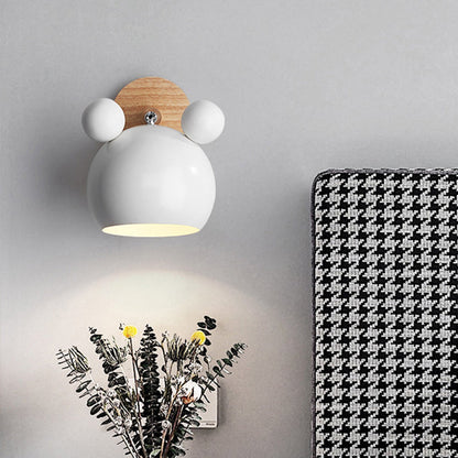 Bear/Bell Rotating Wall-Mounted Lamp, Macaron-Style Iron, Single-Head Bedside Reading Wall Light in White/Pink/Green and Wood | Karnz