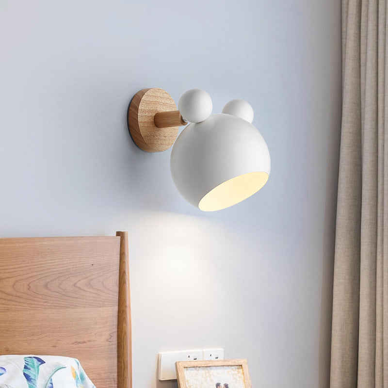 Bear/Bell Rotating Wall-Mounted Lamp, Macaron-Style Iron, Single-Head Bedside Reading Wall Light in White/Pink/Green and Wood | Karnz