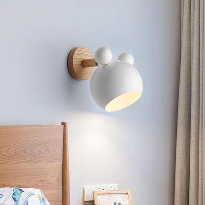 Bear/Bell Rotating Wall-Mounted Lamp, Macaron-Style Iron, Single-Head Bedside Reading Wall Light in White/Pink/Green and Wood | Karnz