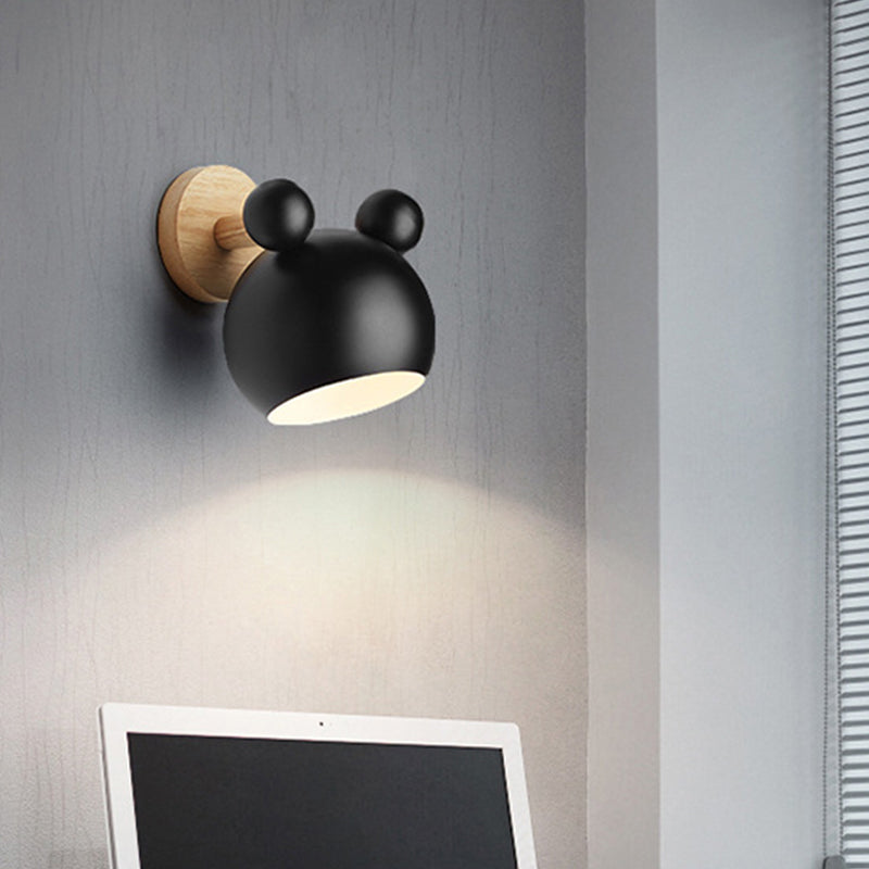 Bear/Bell Rotating Wall-Mounted Lamp Macaron Iron 1-Head Bedside Reading Wall Light in White/Pink/Green and Wood | Brehn