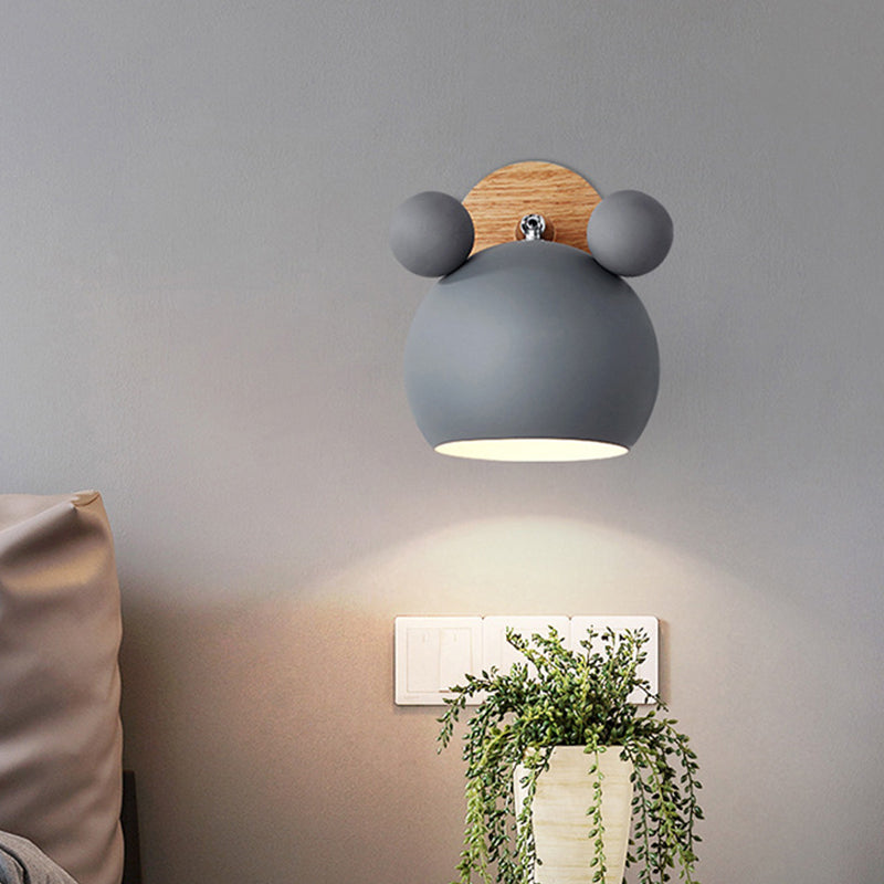 Bear/Bell Rotating Wall-Mounted Lamp, Macaron-Style Iron, Single-Head Bedside Reading Wall Light in White/Pink/Green and Wood | Karnz
