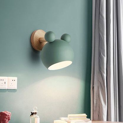 Bear/Bell Rotating Wall-Mounted Lamp Macaron Iron 1-Head Bedside Reading Wall Light in White/Pink/Green and Wood | Brehn