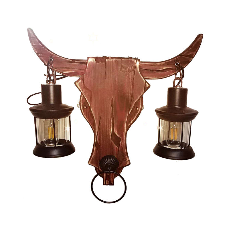 BowLift | 1/2-Light Clear Glass Wall Lamp Rustic Brown Lantern/Kerosene Kitchen Wall Mount Light with Ox/Oval Wooden Backplate