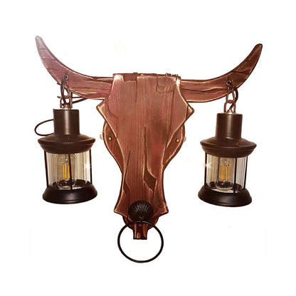 BowLift | 1/2-Light Clear Glass Wall Lamp Rustic Brown Lantern/Kerosene Kitchen Wall Mount Light with Ox/Oval Wooden Backplate