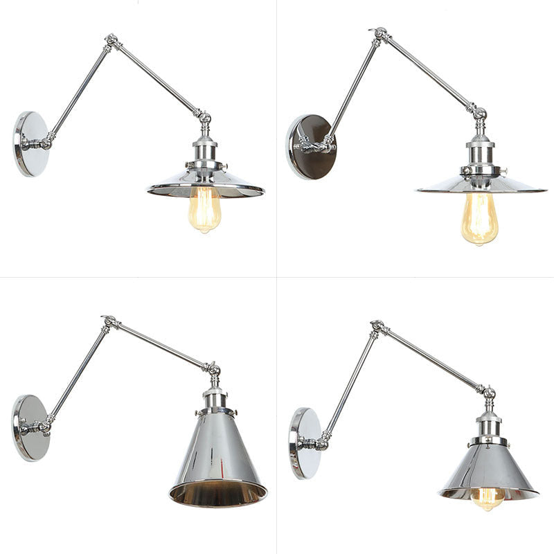 BowLift | Saucer/Cone/Horn Nightstand Reading Wall Lamp Factory Metal Single 6"/8" W Chrome Wall-Mounted Light Fixture with Rotatable Arm
