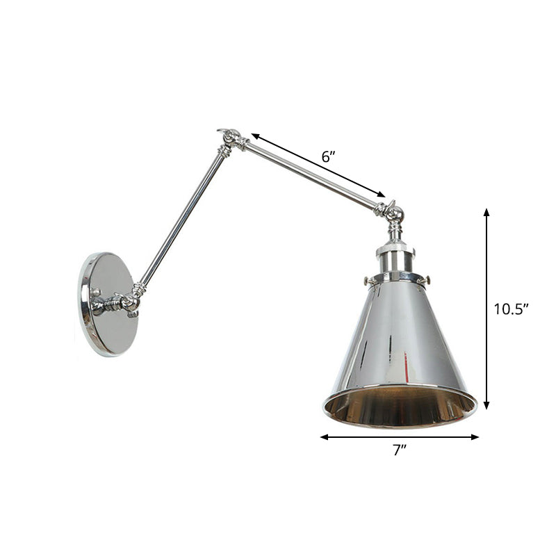 BowLift | Saucer/Cone/Horn Nightstand Reading Wall Lamp Factory Metal Single 6"/8" W Chrome Wall-Mounted Light Fixture with Rotatable Arm