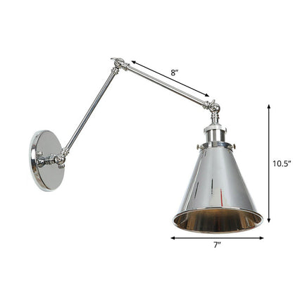 BowLift | Saucer/Cone/Horn Nightstand Reading Wall Lamp Factory Metal Single 6"/8" W Chrome Wall-Mounted Light Fixture with Rotatable Arm