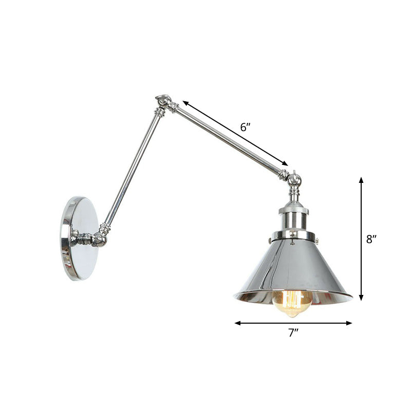 BowLift | Saucer/Cone/Horn Nightstand Reading Wall Lamp Factory Metal Single 6"/8" W Chrome Wall-Mounted Light Fixture with Rotatable Arm