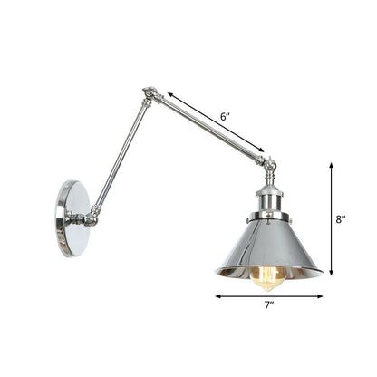 BowLift | Saucer/Cone/Horn Nightstand Reading Wall Lamp Factory Metal Single 6"/8" W Chrome Wall-Mounted Light Fixture with Rotatable Arm