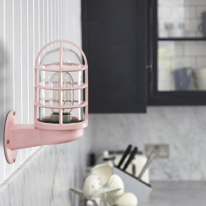 Loft Capsule Wall Lamp Fixture Single Transparent Glass Sconce Light with Wire Cage in Pink/Blue/Rust | Kalsten