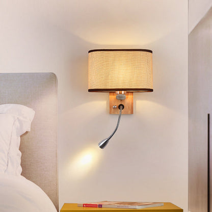 Flexible Spot-Light Bedside Reading Lamp Fabric Single Nordic Wall Lamp with oval fabric shade in Beige/Flax/Champagne | Brehn