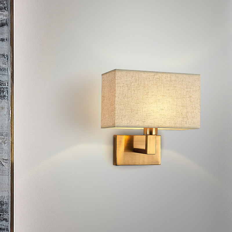 Postmodern Cube Fabric 1-Light Bedside Reading Wall Lamp in White/Beige/Brown with Black/Gold Arm | Karnz